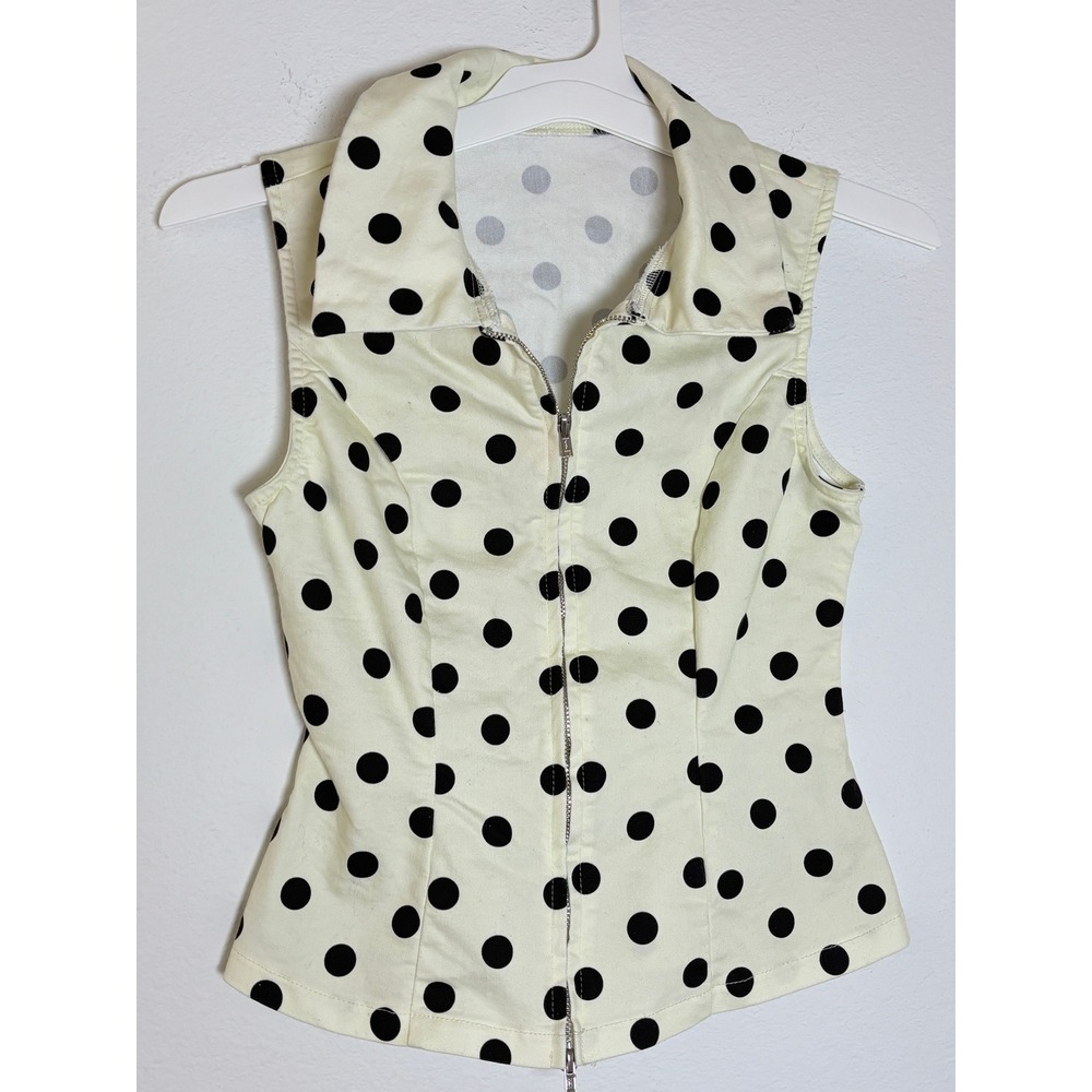 Musera Polka Dot Sleeveless Zip Front Top White Black Size XS Retro Collared